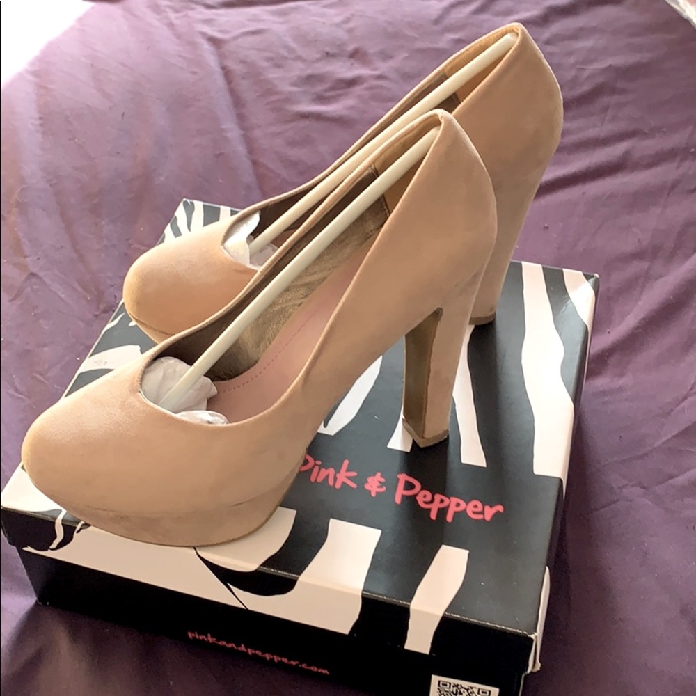Tan suede platform heels